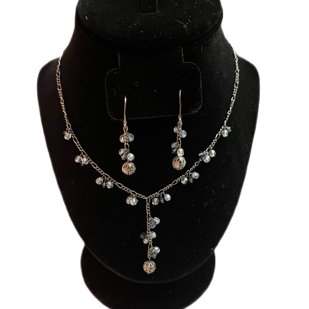 Blue Beaded Y Necklace and Earring Set